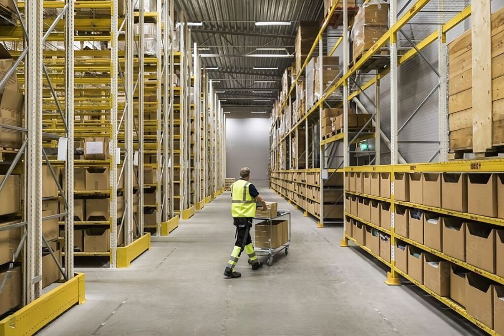 Warehouse worker efficiently navigating through clean, well-organized aisles in an Efillship 3PL warehouse in Langwarrin, Victoria, Australia