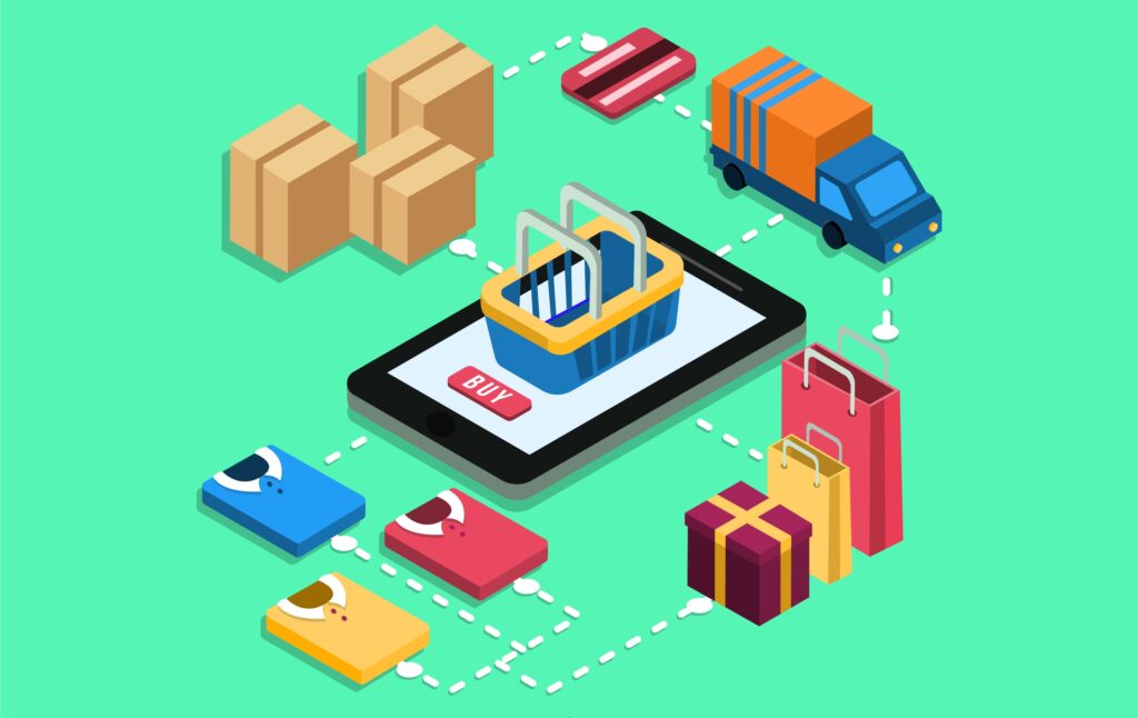 efillship 3PL pick and pack process illustrated with e-commerce shopping and delivery on a digital platform