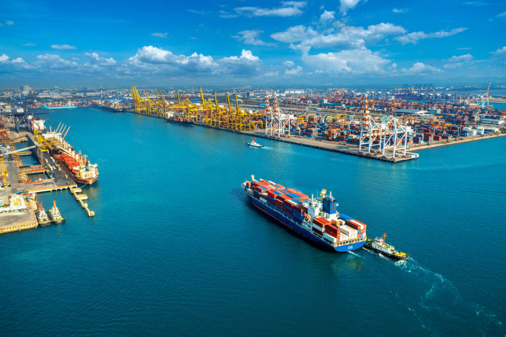 Aerial view of cargo ship at harbor, illustrating global shipping capabilities of efillship in Langwarrin, Victoria, australia